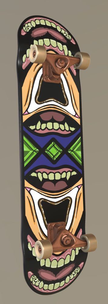 The deck has colored in jaws on both sides with the eyes being pulled by the trucks of the board. And hyper realistic stones to emphasize the middle of the deck