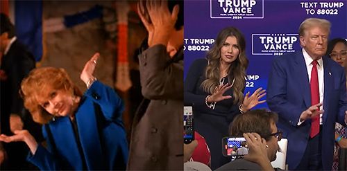 Twin Peaks photo of Catherine (Piper Laurie) mimicking Leland's dancing juxtaposed with Kristi Noem mimicking Trump's dance moves.