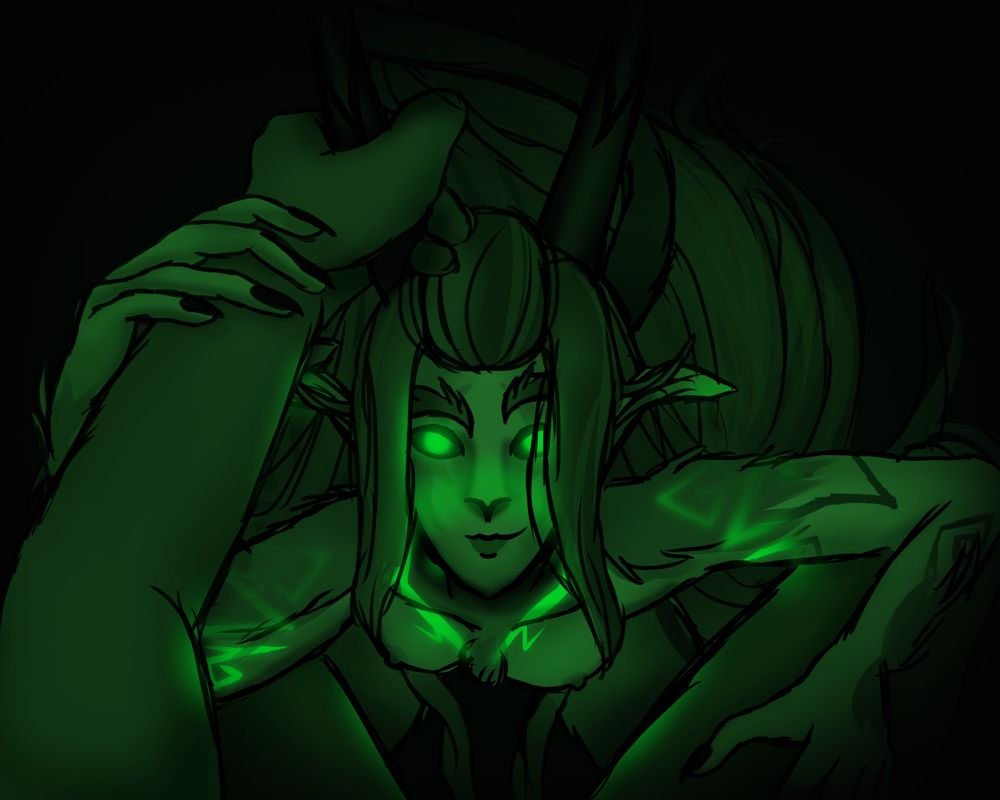 POV shot where Nyxxa looks up, placing the POV character's hand on her horn as she prepares to go down on them.