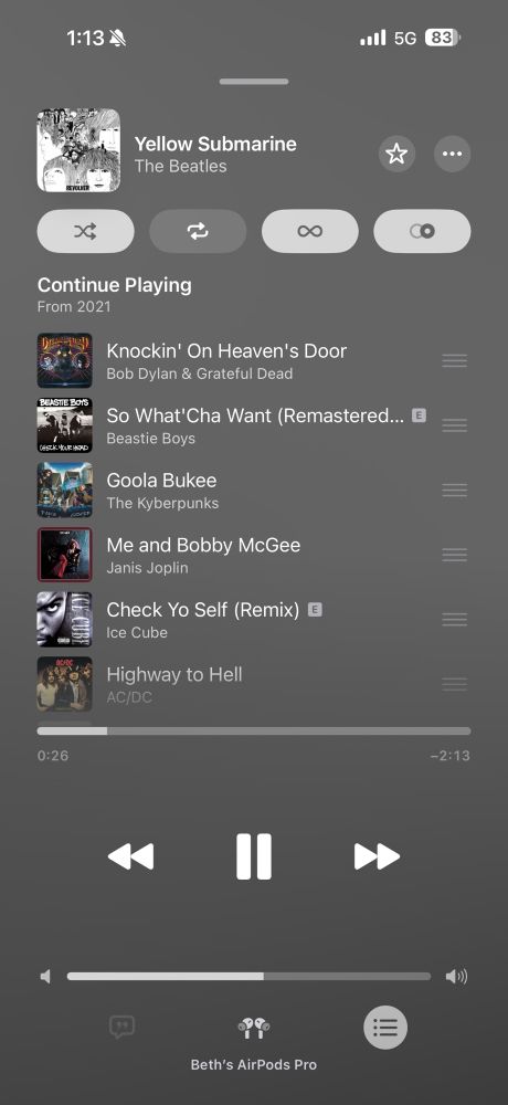 A screen shot of Apple Music with a list of tracks with Beatles, Bob Dylan, Beastie Boys, Kyberpunks, Janis Joplin, Ice Cube, and AC/DC