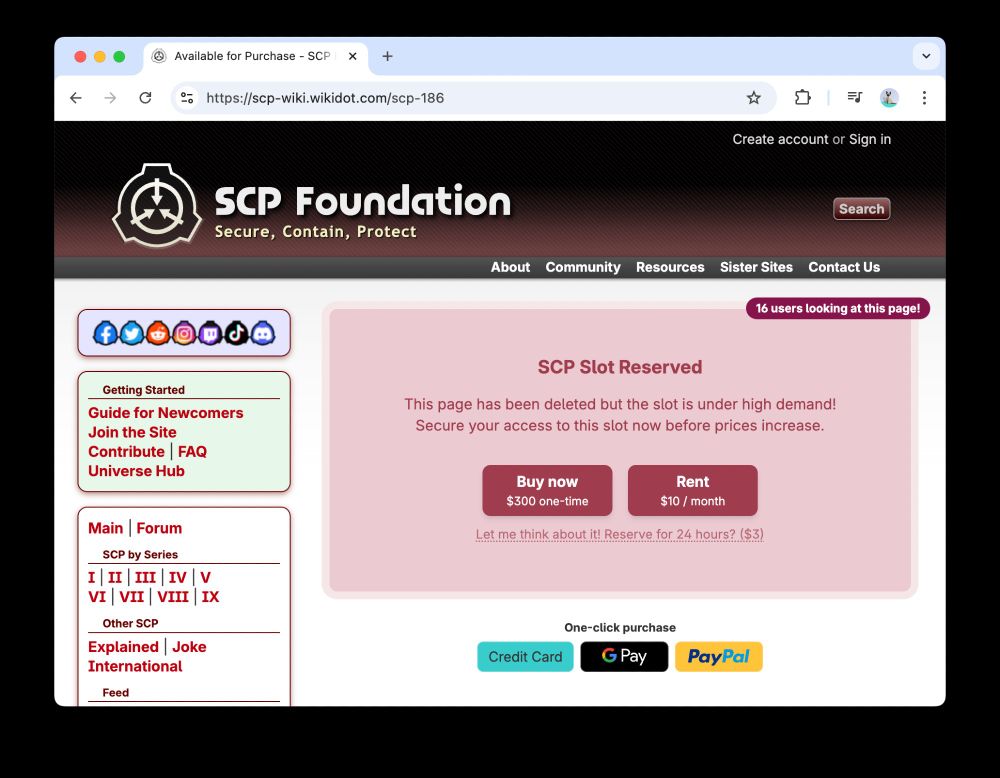 Screenshot of an empty SCP Foundation wiki page. Empty alert reads: "SCP Slot Reserved. This page has been deleted but the slot is under high demand! Secure your access to this slot now before prices increase. Buy now ($300 one-time) or Rent ($10 / month). Reserve for 24 hours ($3)."
