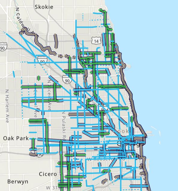 A screenshot of CDOT's interactive map of bike infrastructure on the North and West Sides of Chicago. The map is bounded roughly by the south branch of the Chicago river to the south, Harlem Avenue to the west, Oakton Street to the north, and Lake Michigan to the east. Lots of greenways and protected bike lanes are visible across the extent of the map, with scattered off-street trails visible here and there as well.