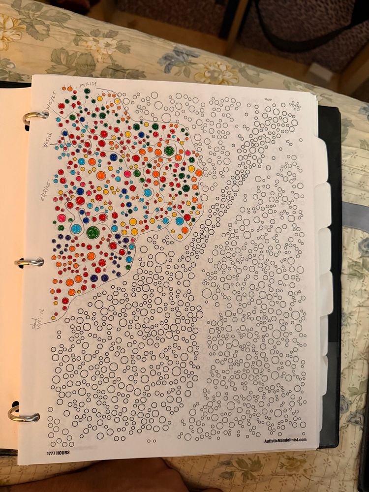 A page in a three-ring binder covered in hundreds of small hollow dots ranging in size from approximately 2mm to 4mm. The dots are arranged to imply the silhouette of an f-style mandolin and the surrounding background. 432 of the dots are filled in with colored ink corresponding to individual hours of various activities related to studying the mandolin and playing it at jams and in a band. 