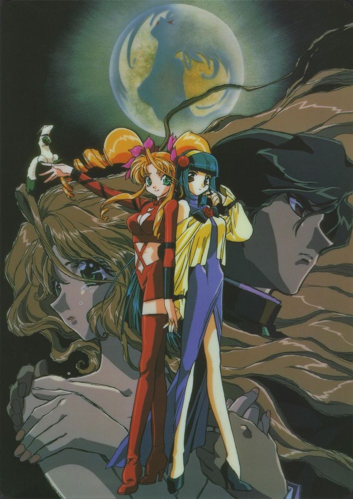 Tiara, Japolo and Lena in the foreground, and Tiara and Kagetsu in the background, designed for Shamanic Princess. Presumably, the planet above the girls is the Guardian World, where they all come from.