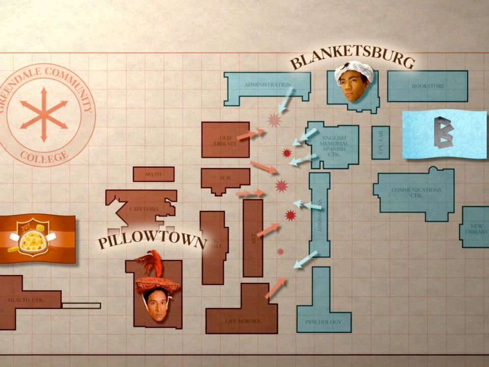 The map of Abed's Pillowtown, Troy's Blanketsburg, and the contested battleground in between, from Community