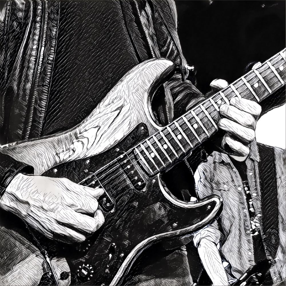 Abstract digital illustration of a man playing guitar, cropped tight