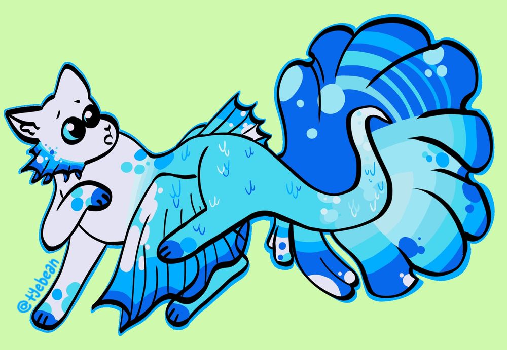 A cartoon image of a white cat with a blue fish tail and blue fins.