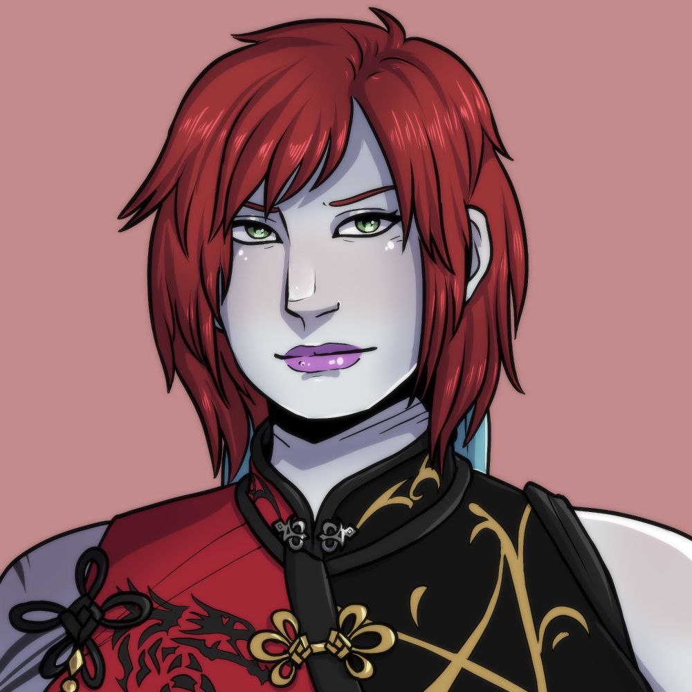 a bust of a roegadyn woman in front of a plain pink background