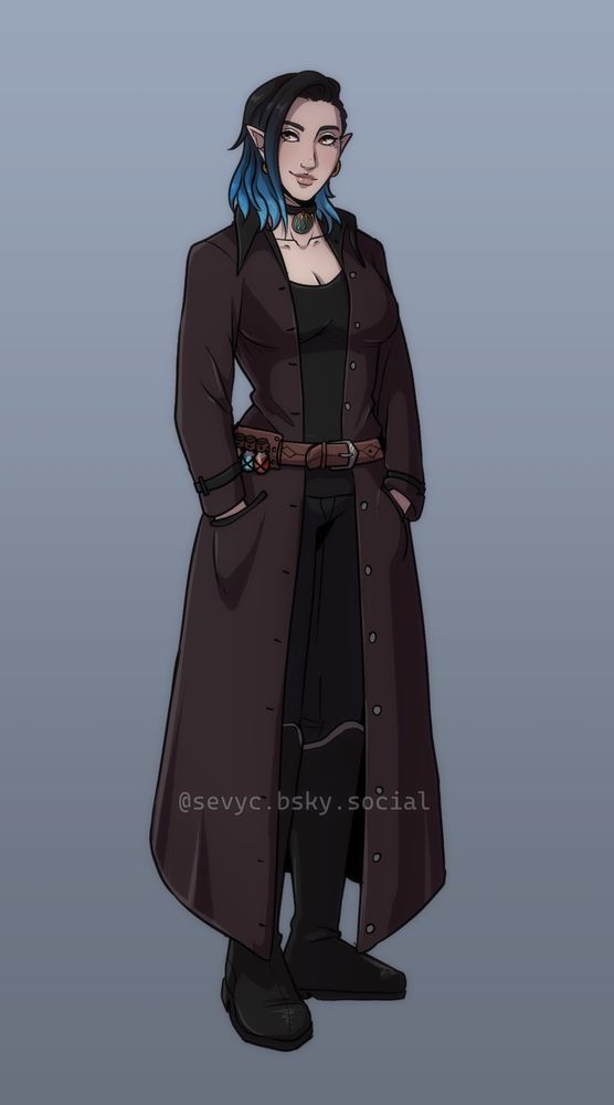 a picture of a woman standing, she has black hair that fades into blue at the ends and pointed ears, she is wearing a dark reddish brown trenchcoat and has small potion vials on her belt. 