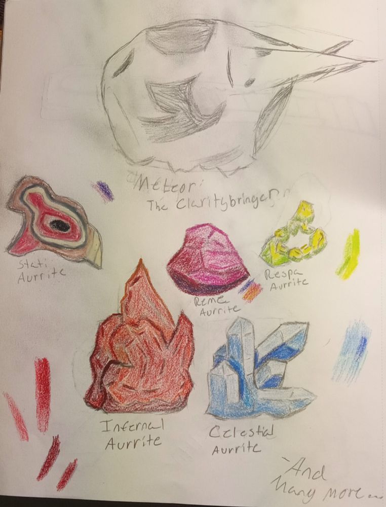 A meteor dubbed The Claritybringer is at the top of the page.
There are also different crystals with various colors at the bottom.