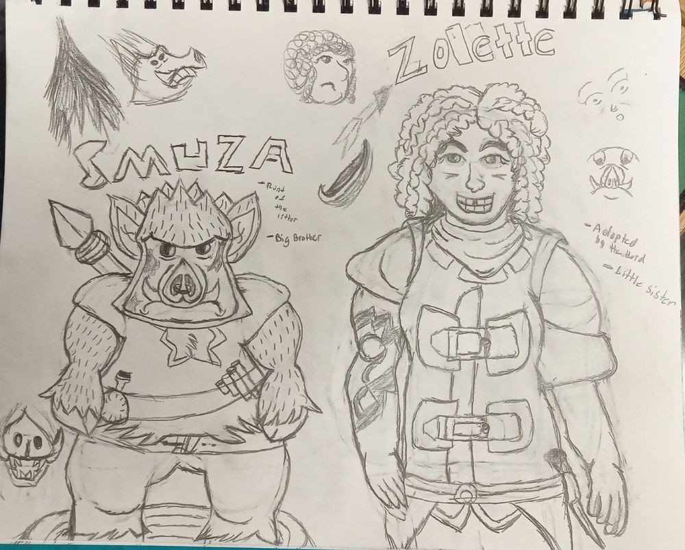 Caption (over the boar): Smuza, the runt of the litter, and big brother.
(Over the human) Zolette, adopted by the herd, little sister.