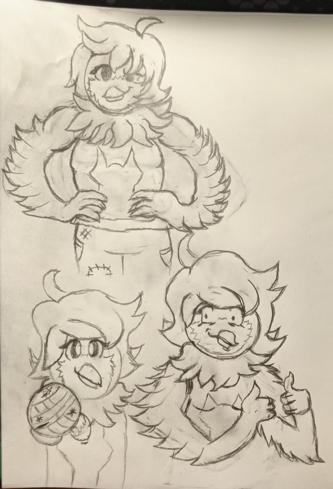 Three sketches of Martlet from Undertale Yellow. 
Top Left: Martlet standing with her wings on her hips giving a confident/smug expression. 
Bottom Right: Martlet with a pained expression while giving someone (Clover) a two thumbs up. (Based on that one House image)
Bottom Left: Mii Martlet Bowling