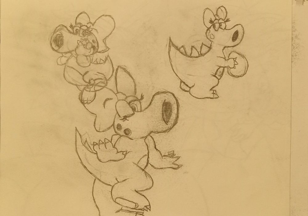 Three sketches of Birdo based on various promotional art and renders. 