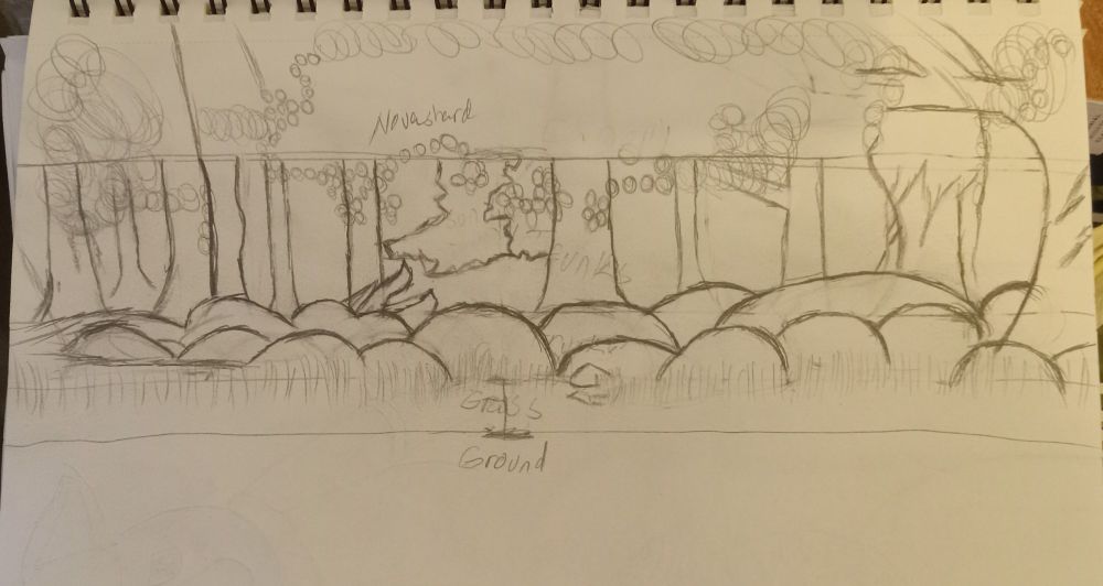 A work-in-progress sketch of the forest battle background in Dragon Quest 3 HD-2D Remake. Only the tree line and outlines of bushes are done. Color will soon be added. 