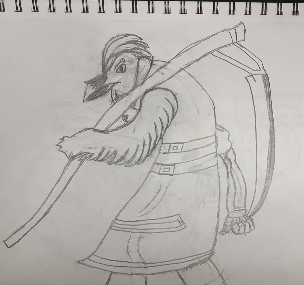 Belle hunched over carrying a scythe over his shoulder with a expression. Gripping the sharp end of the scythe with his skeletal hand.