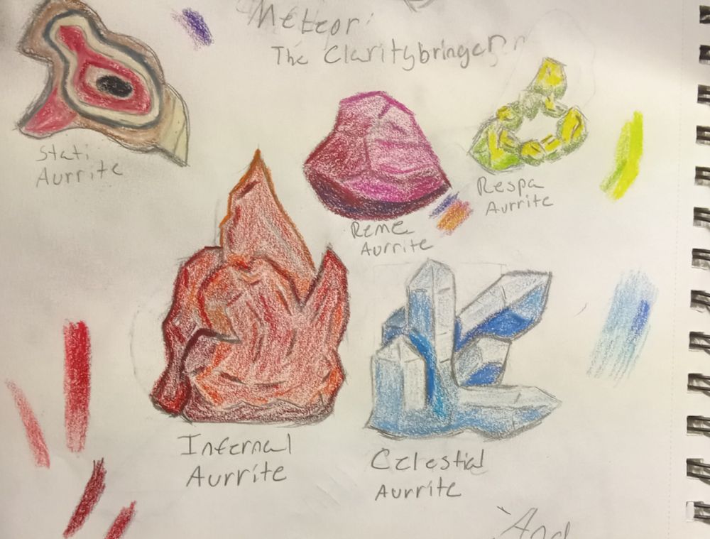 There are five different crystals I dubbed "Aurrite."
Bottom Right: A mass of light blue crystals called Celestial Aurrite
Bottom Left: A chunk of red-orange Infernal Aurrite
Middle: A piece of dark pink Reme Aurrite (Based on the mineral spinel)
Top Right: A pile of light green-yellow Respa Aurrite (Based on the mineral peridot)
Top Left: A piece of multi-colored Stati Aurrite (Based on the mineral sardonyx)