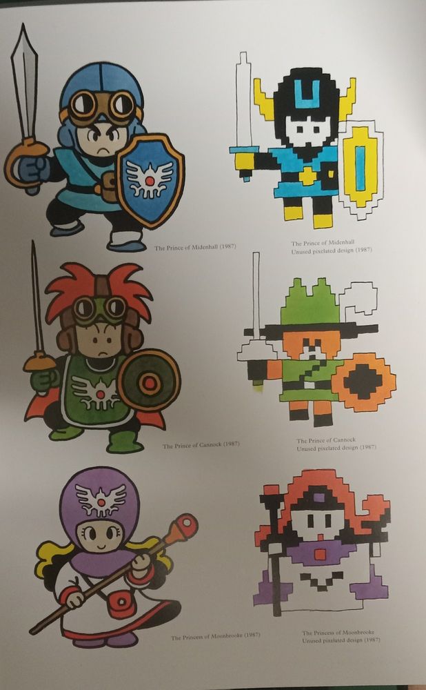 A page from the official Dragon Quest Illustrations art book. With Canon and unused designs of the DQ2 protags designed by manga artist Akira Toriyama. 