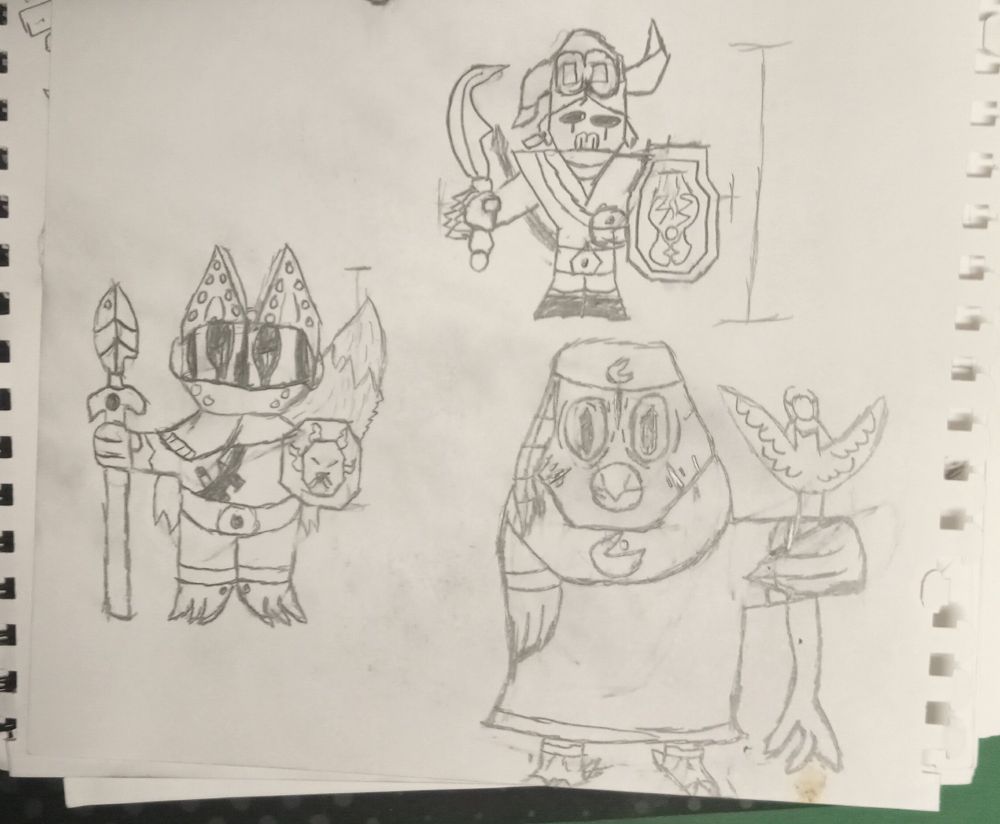 Three depictions of the unused designs of the Dragon Quest 2 protagonists. A bull with twisted horns is based on the Prince of Midenhall. A fox is based on the Prince of Cannock. An owl based on the princess of Moonbrooke.