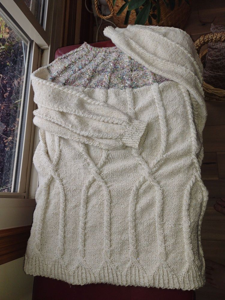 Cabled, sequined, beaded, handknitted sweater that I made up as I went along.