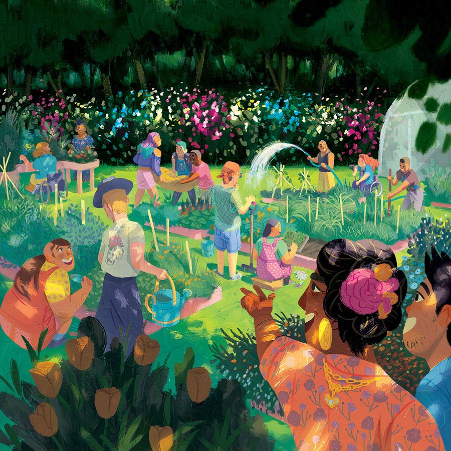 An illustration of people in a community garden. The people vary in age, ethnicity and gender presentation. It is lush, and sunny. The flowers in the back are in the colour of the trans flag.
