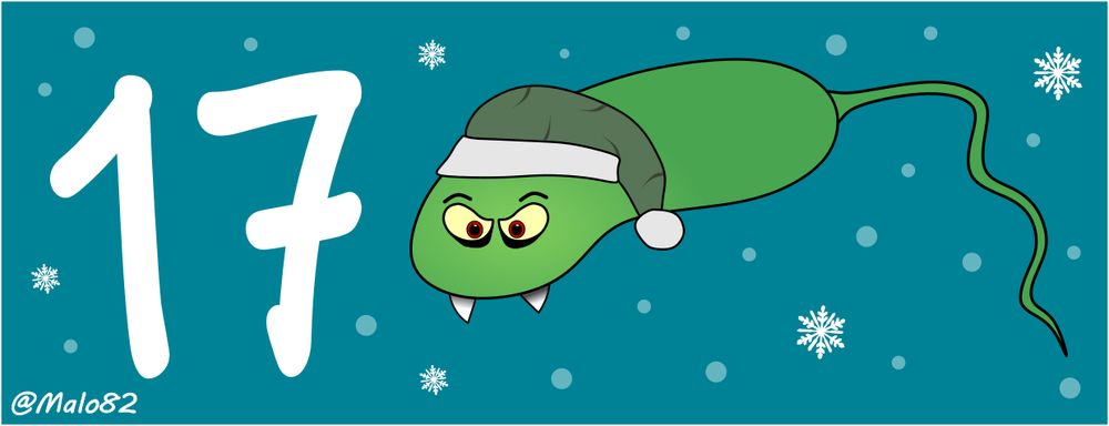 Comic des 17. Adventtürchens mit einem bösen Bakterium mit zwei spitzen Zähnen und grüner Weihnachtsmütze. Es ist dünn und gekrümmt und hat eine lange Geißel. Von @Malo82.