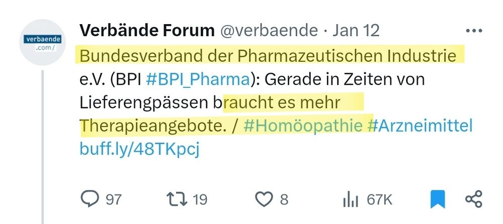 Tweet des Bundesverband der Pharmazeutischen Industrie e.V. (BPI #BPI_Pharma): Gerade in Zeiten von Lieferengpässen braucht es mehr Therapieangebote. /#Homöopathie #Arzneimittel