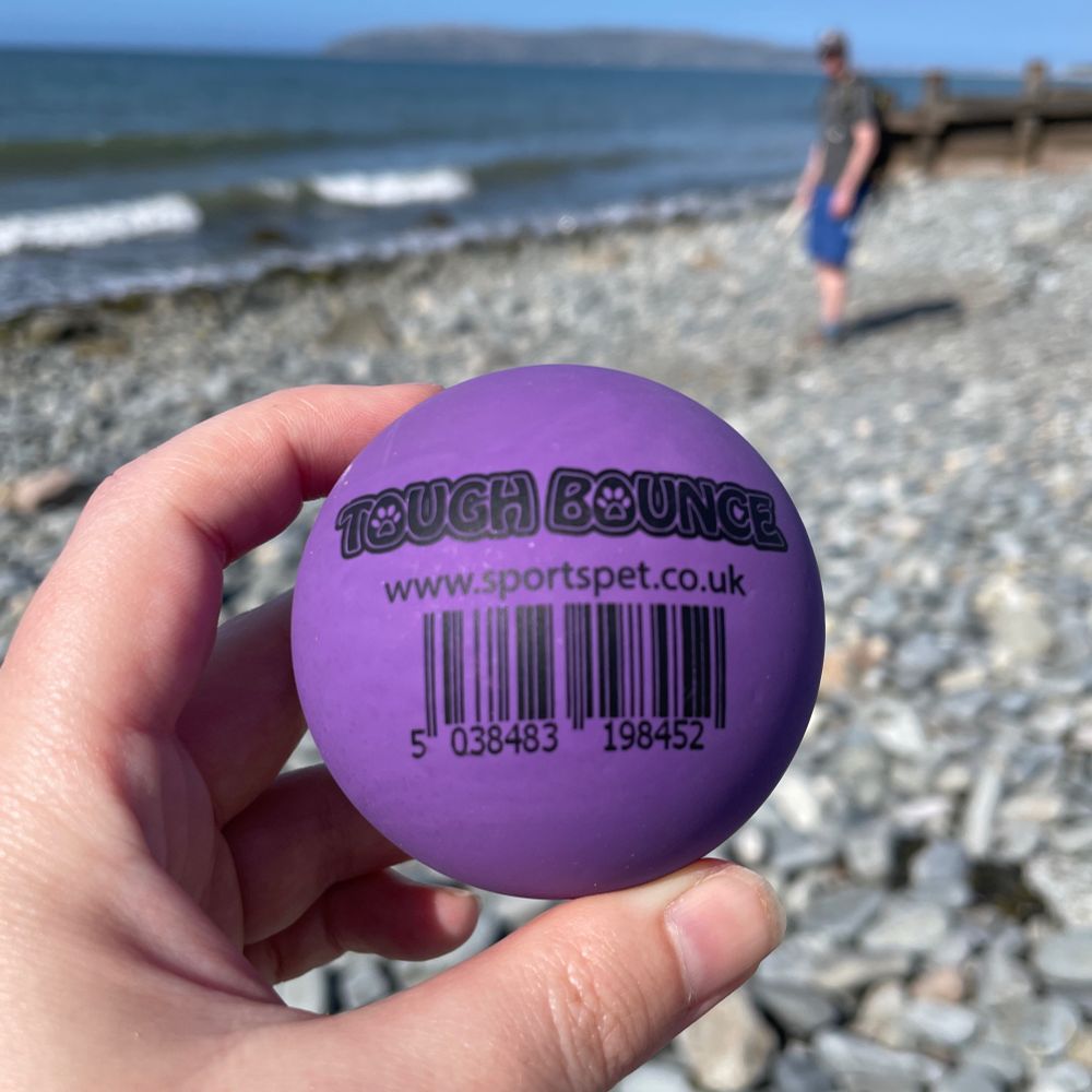 Finger and thumb holdong a bright purple biuncy ball with the slogan “tough bounce” printed on it. Background is a grey pebbly beach in the sun