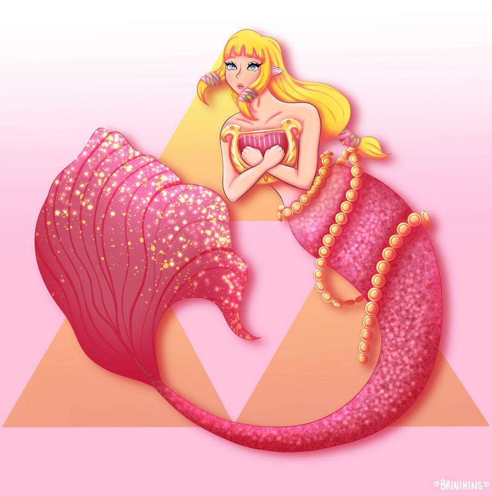 Skyward Sword Zelda depicted as a mermaid with a pink tail holding her harp