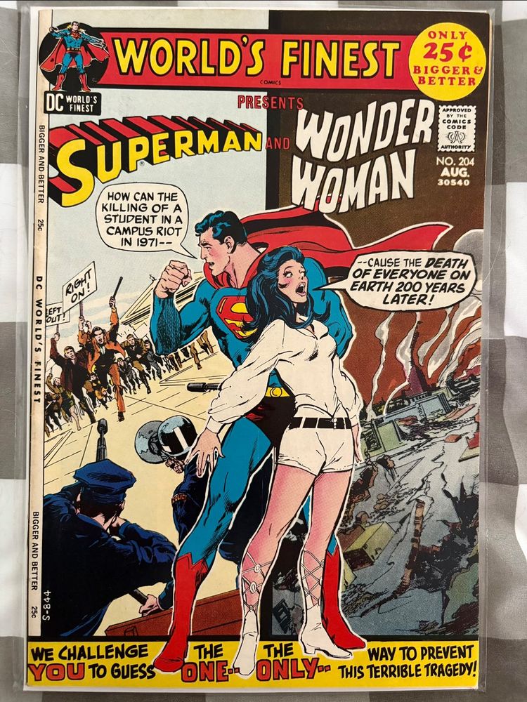 Cover of World Finest comic book from 1971 featuring Superman and Wonder Woman. The dialog reads, "How can the killing of a student in 1971 lead to the death of everyone on Earth 200 years later!?"