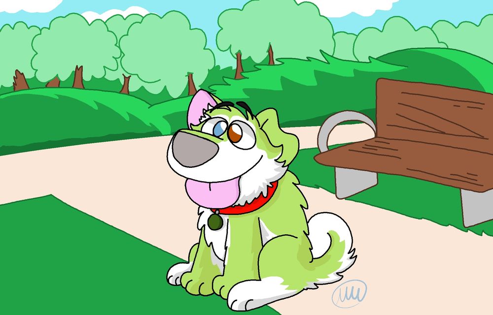 Digital artwork of Kiwano Maxwell with a feral body type in a park on a cloudy day.