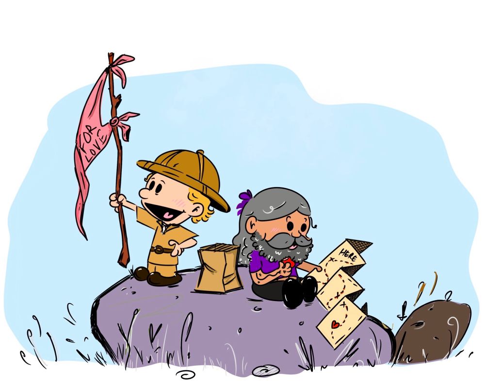 ed and stede from ofmd drawn in the style of calvin and hobbes. ed is sitting down eating an apple looking at a treasure map while stede is in his adventure outfit holding up a flag that says "for love" 