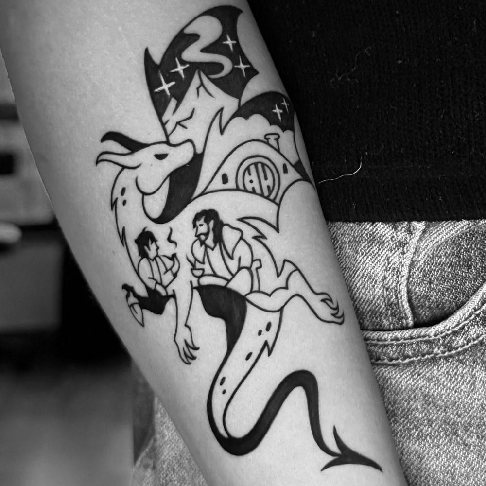 a tattoo of thorin oakenshield and bilbo baggins inside the silhouette of smaug the dragon, erebor and bagend in the background) 