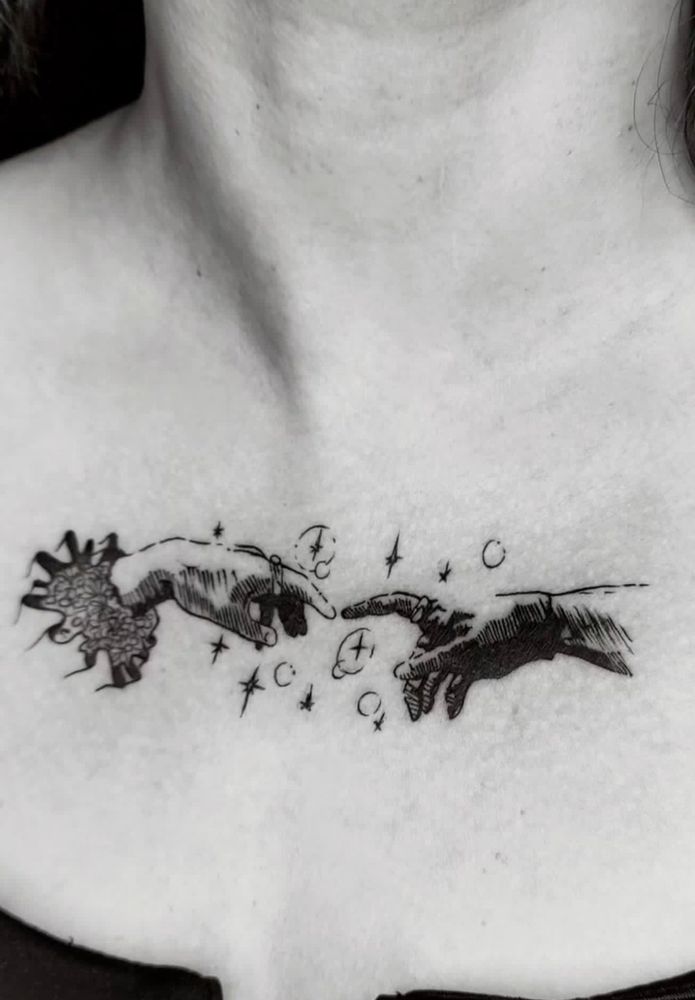 ofmd tattoo - creation of adam turned into ed and stede's hands 