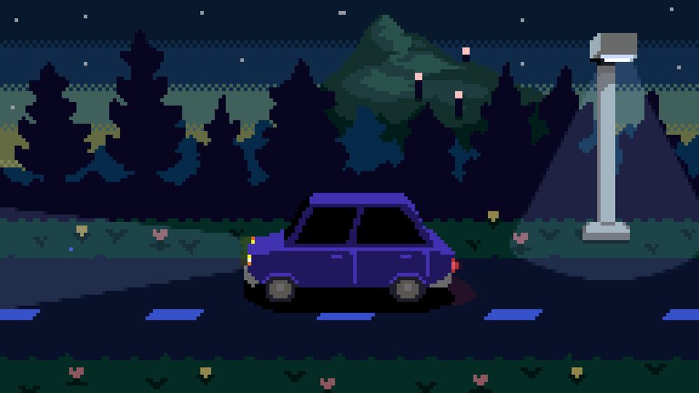 This is a pixel art illustration of the title screen for a short hike! It showcases a purple sedan style car driving down a road at a night with a visible mountain in the background. 