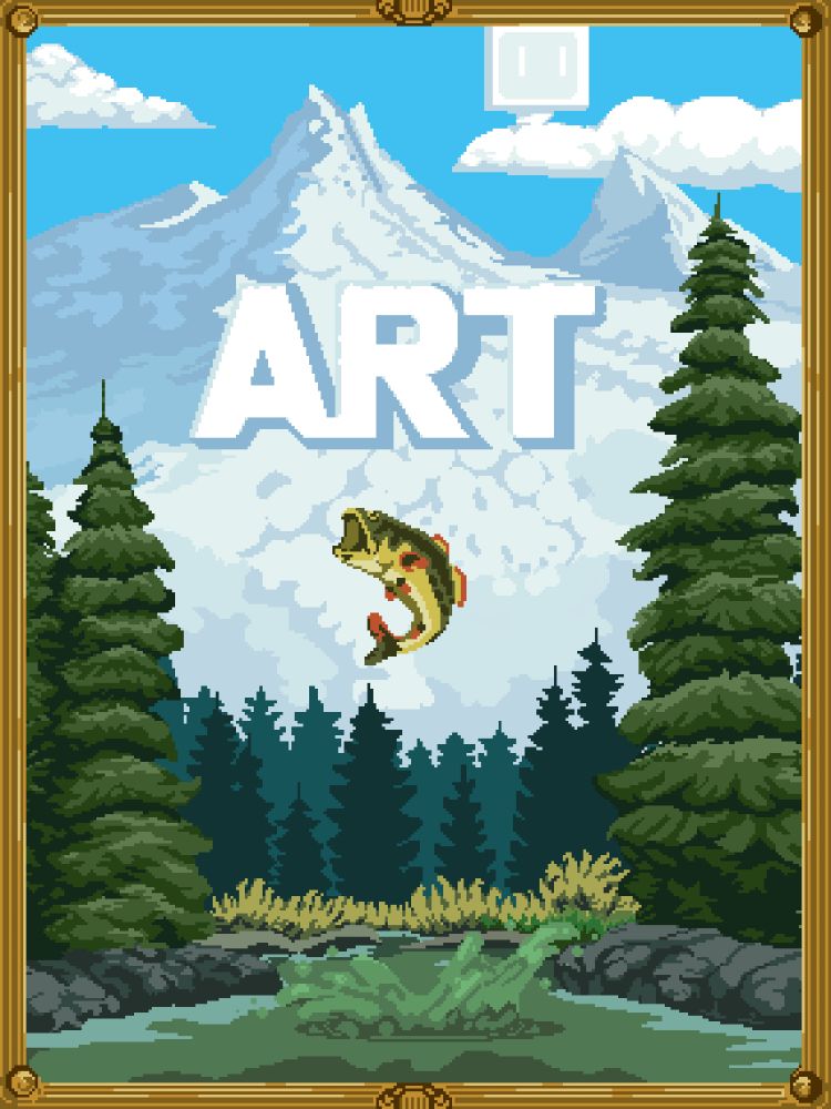 
This is a pixelart painting of a redux/remix of the the Twitch Art Category thumbnail. It's based off of a Bob Rossing painting, with big trees, happy little trees, bushes, a river, and a mountain. 

I also added a bass fish jumping out of the water, the word "Art" carved into the mountain, along with some clouds in the sky. I removed the gaudy frame that was in the original, and made a much smaller wooden looking frame. 
