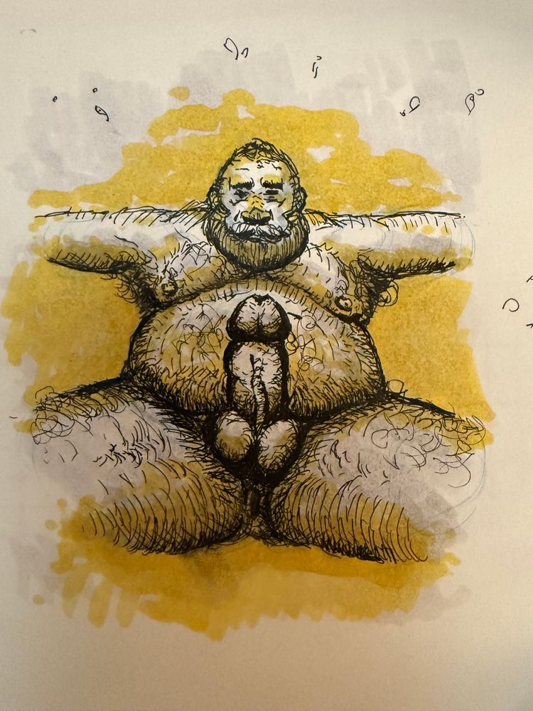Sketch of a bear laid back and covered in… honey? 
