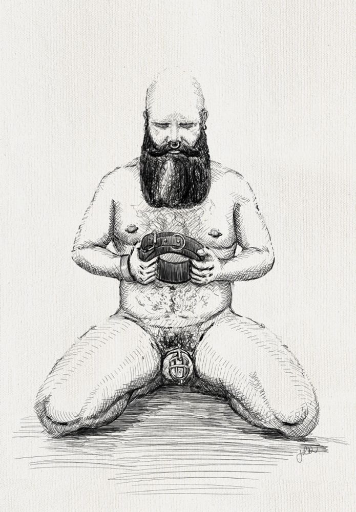 Man kneeling and holding a leather collar. Rendered in pen and ink style