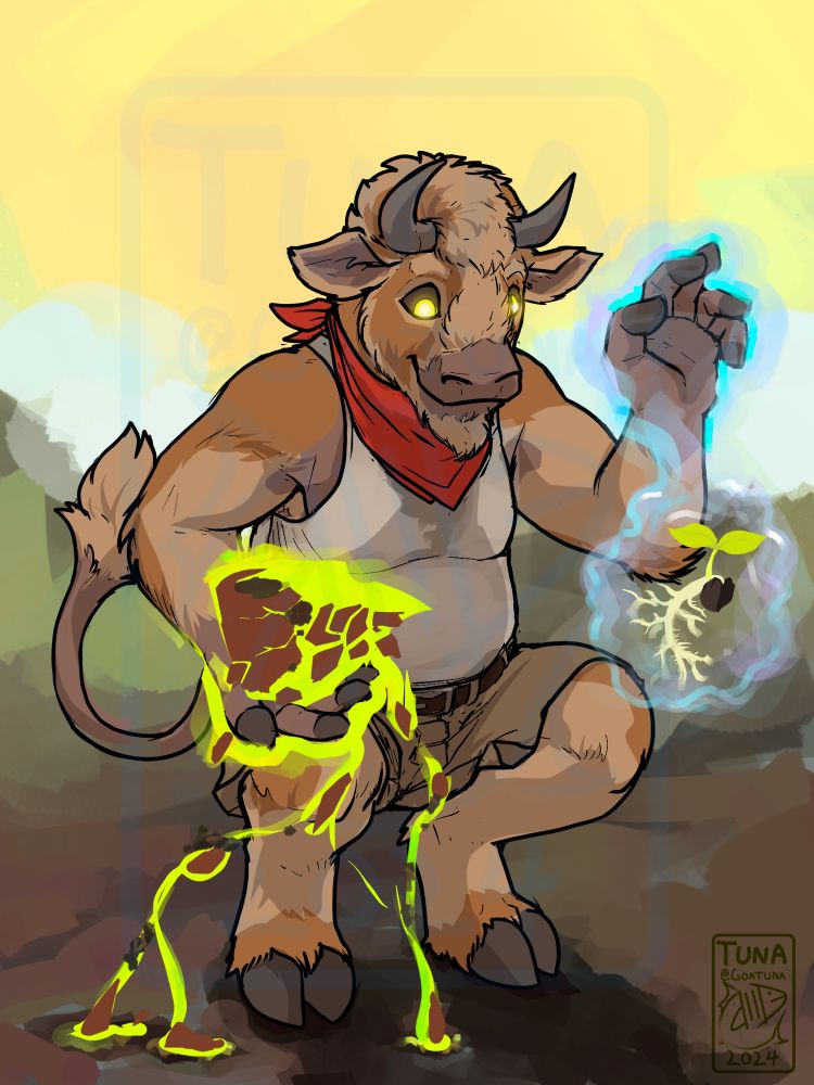 Golden bison wearing a red bandana and sweaty tank top magically extracting clay and soil from the ground to form a pot for a seedling he’s controlling with his other hand