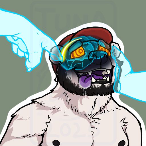 Polar bear with red cap, purple tongue, and glowing orange hypno eyes drooling while YCH hands trace a line across his crystalline brain 