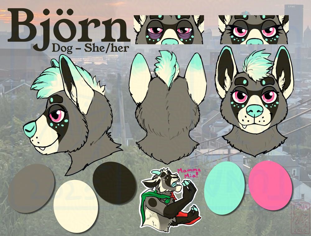 “Björn, Dog, She/Her” Gray dog with seafoam green accents and pink colors irises 