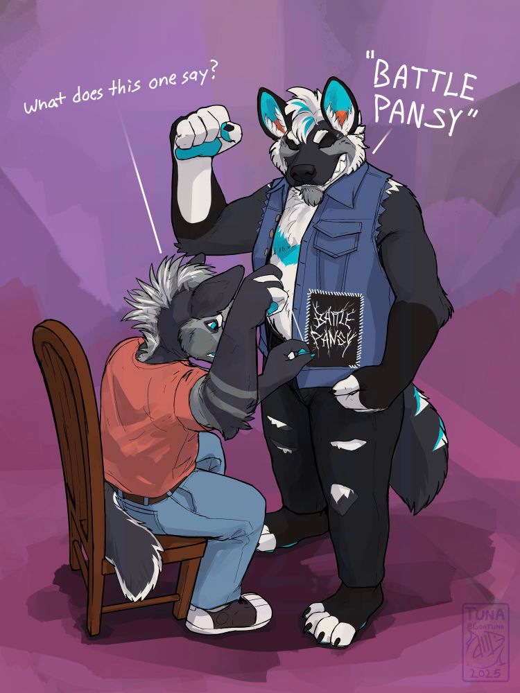 “What does this one say?” “BATTLE PANSY”. Gray hyena sitting down while sewing a patch onto his brother’s vest while standing up 