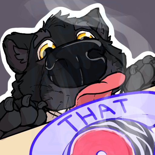 Black wolf snout close up smelling a piece of zebra meat on a plate that says THAT