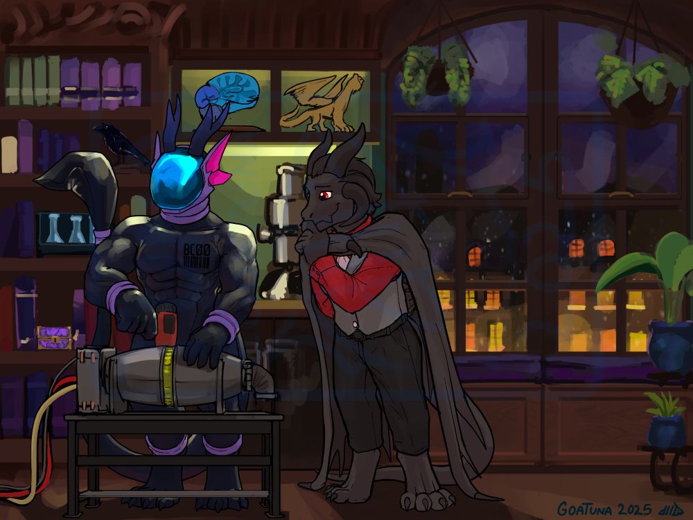 Slick muscular drone with horns and bright blue visor assembling some kind of component while a finely dressed black dragon observes with satisfaction. The windows overlooking a nighttime city street in the snow