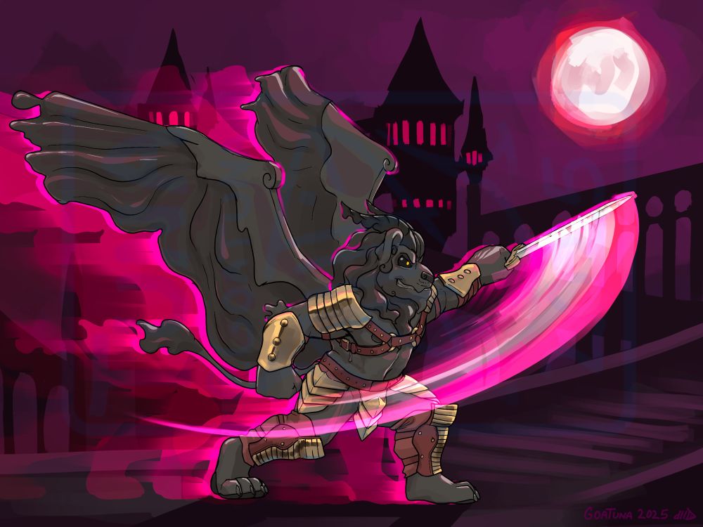 Gooey gargoyle with wings, armor, and a sword, dashing ahead and swinging his sword in front of a gothic nighttime background 