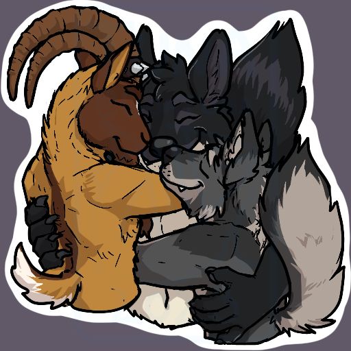 An ibex goat and two wolves hugging each other tightly 