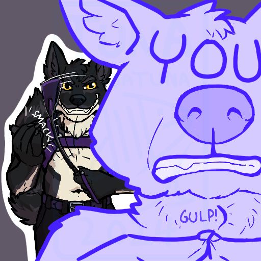 Nervous gulping YCH bust with sinister leather wolf brandishing a rising crop in the background 
