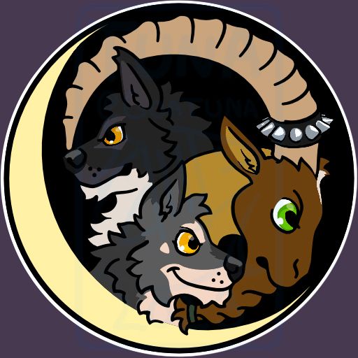 2 wolves and an ibex goat framed by a crescent moon