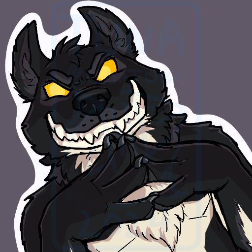 Black wolf with golden eyes and a wicked grin