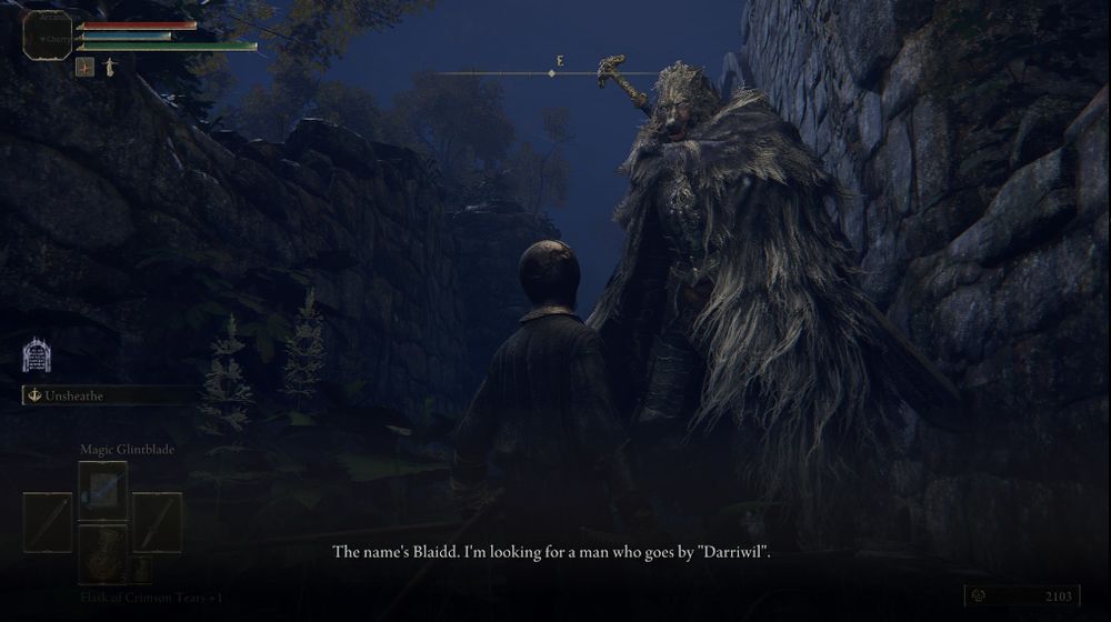 Screenshot of the videogame Elden Ring. My character standing of front of a wolf person (humanoid body, wolf head), who's twice their size. Subtitles of his dialogue read "The Name's Blaidd. I'm looking for a man who goes by Darriwil."