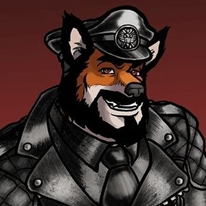A foxerine in a leather uniform with a smirk on his face.